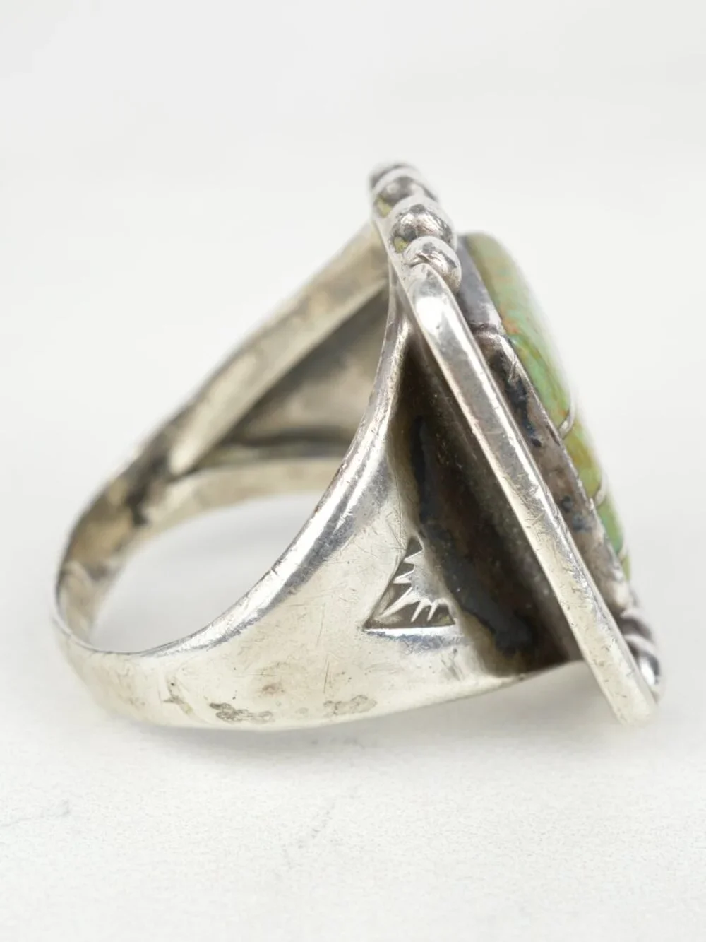 Vintage Navajo Sterling Silver Gaspeite Channel Inlay Ring Sz 14.25 Heavy 19.5g